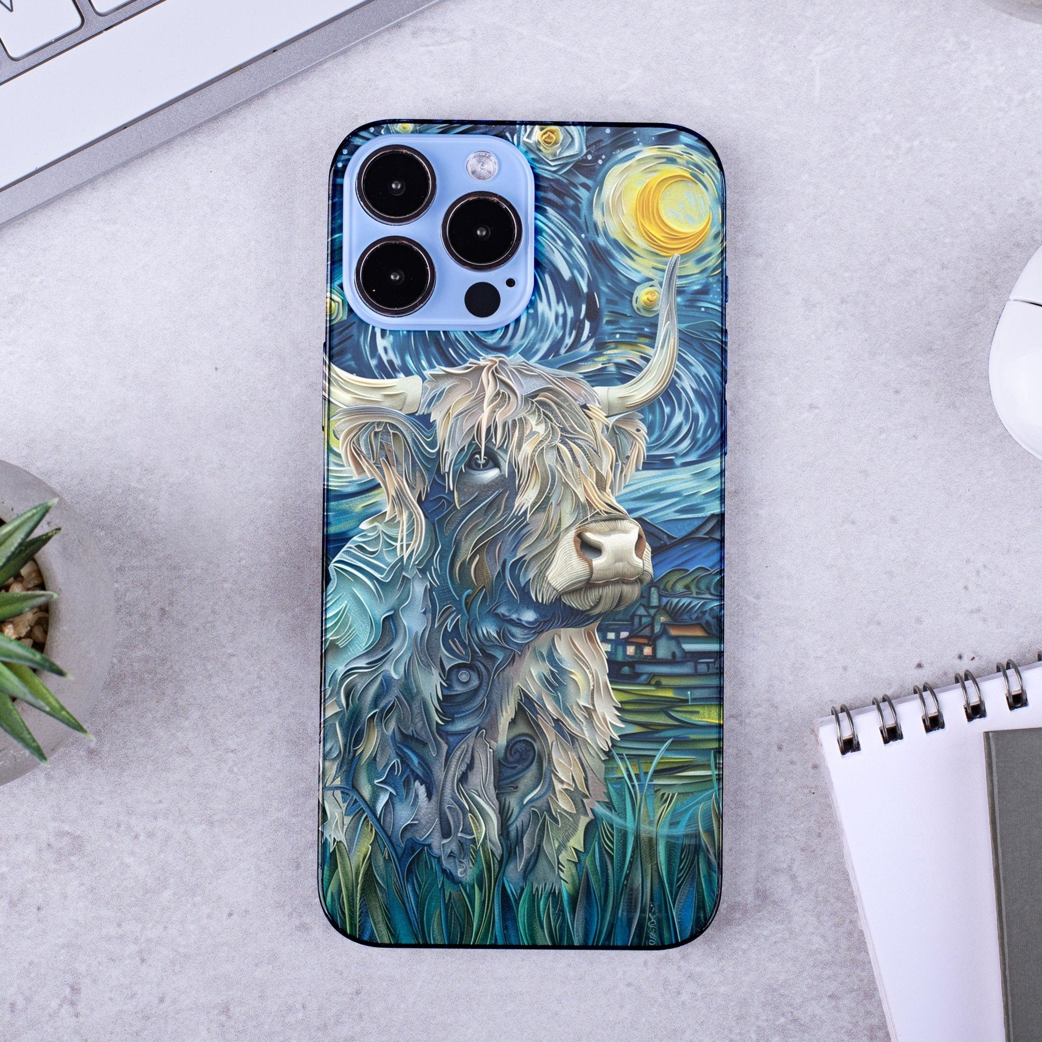 Cute Highland Cow Phone Case, Van Gogh Style, Paper Cut Creative Phone Case - Shapelys