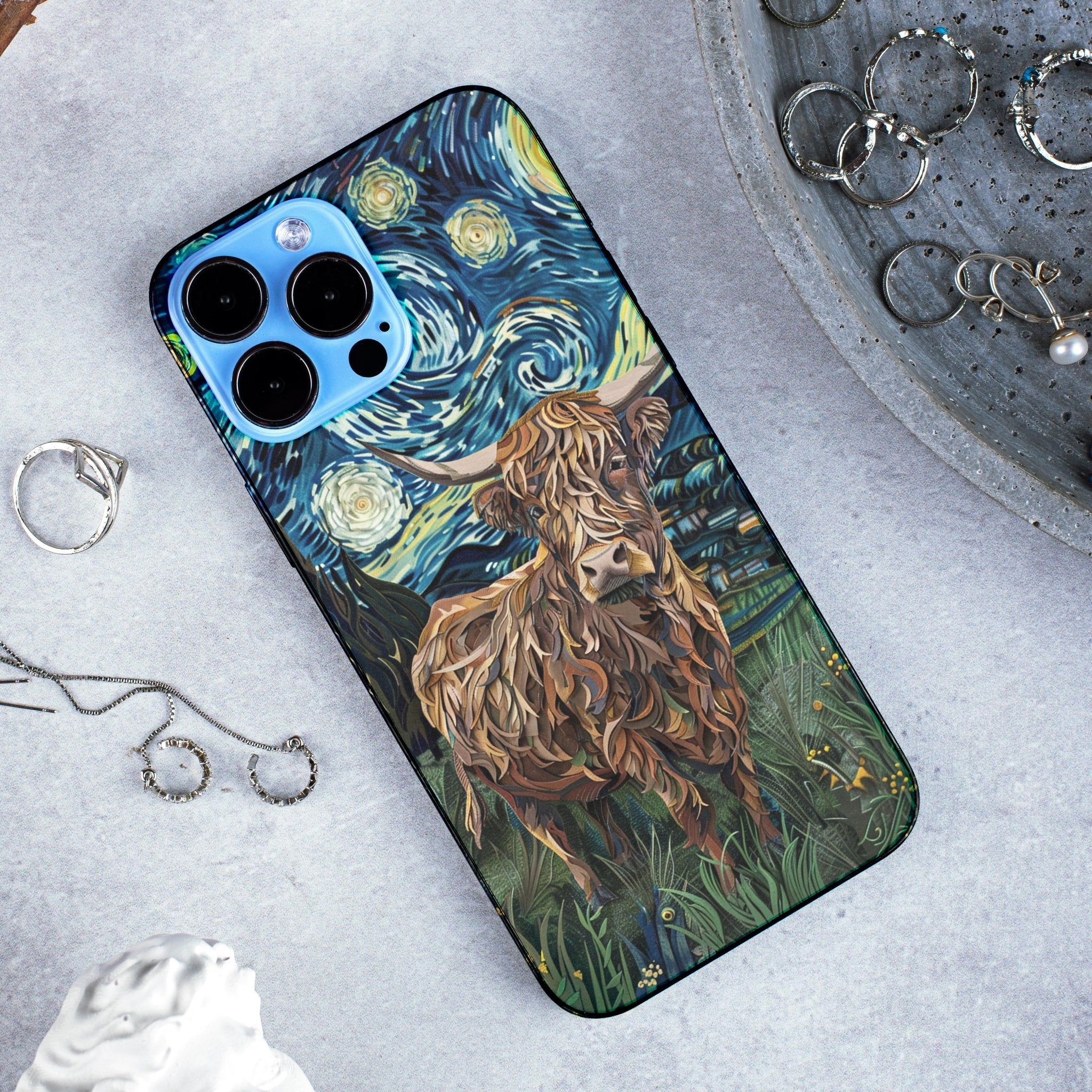 Cute Highland Cow Phone Case, Van Gogh Style, Paper Cut Creative Phone Case - Shapelys