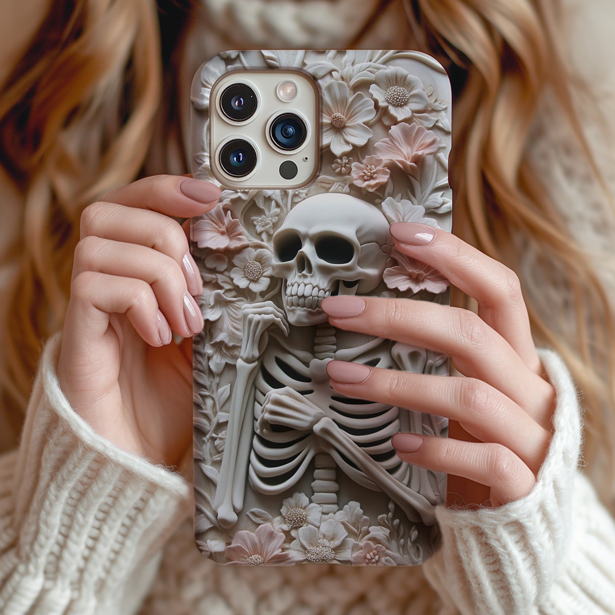 Whimsigoth Skeleton Phone Case, 3D Effect Pink and Black Floral Skeleton, Cute and Spooky Halloween Phone Case, iPhone, Samsung, Pixel - Shapelys