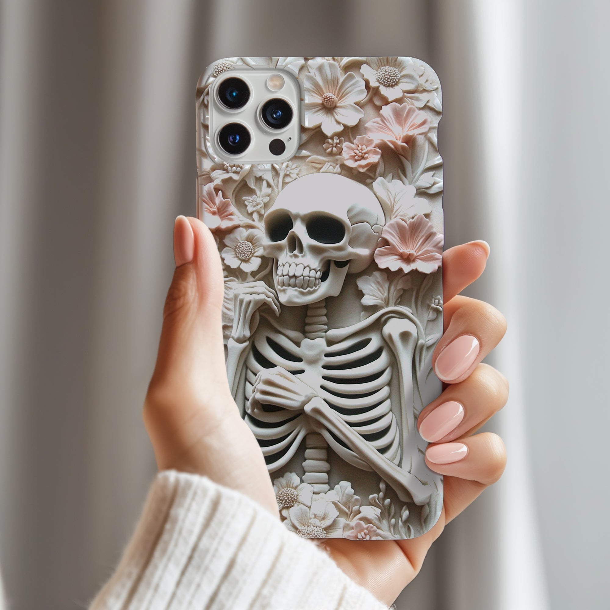 Whimsigoth Skeleton Phone Case, 3D Effect Pink and Black Floral Skeleton, Cute and Spooky Halloween Phone Case, iPhone, Samsung, Pixel - Shapelys