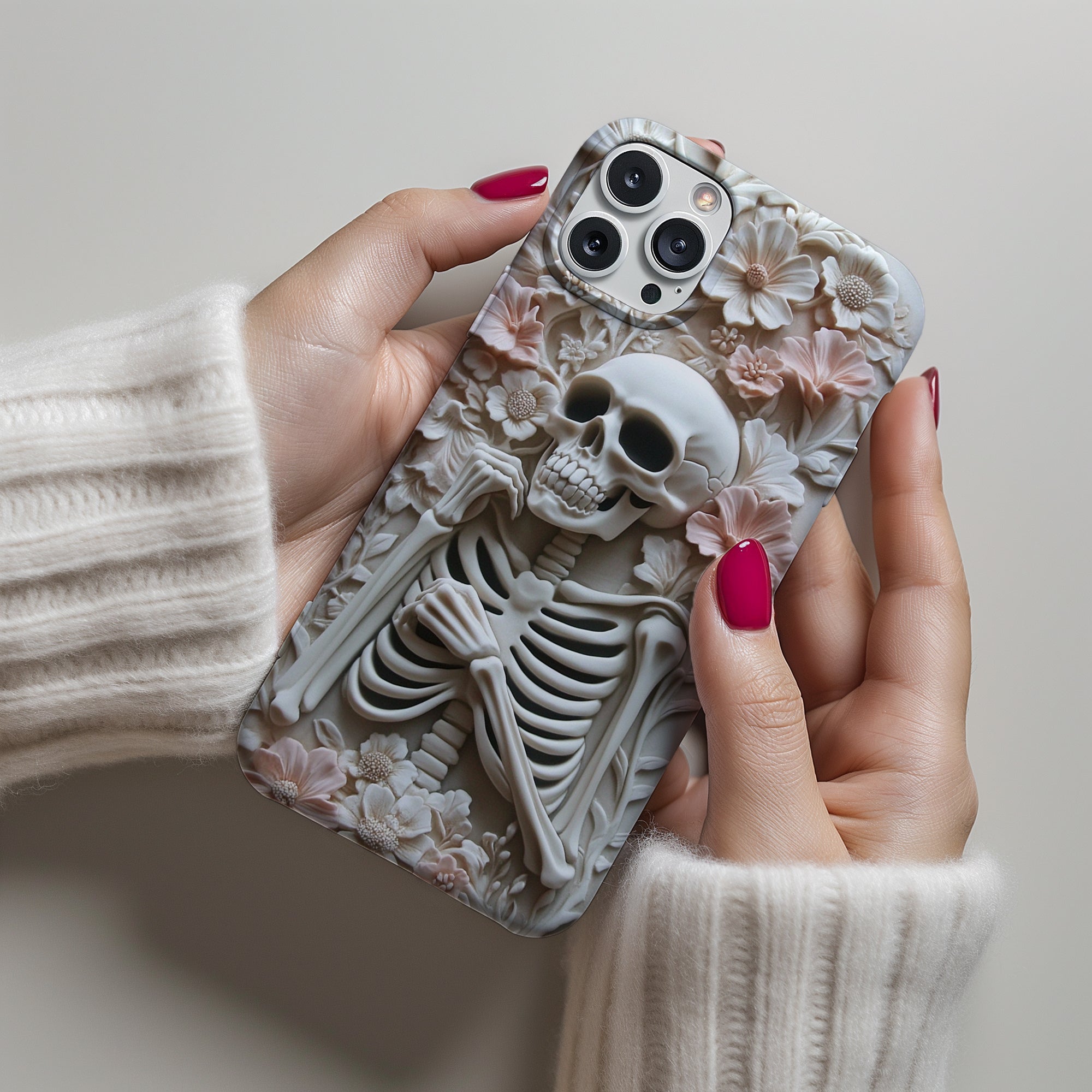 Whimsigoth Skeleton Phone Case, 3D Effect Pink and Black Floral Skeleton, Cute and Spooky Halloween Phone Case, iPhone, Samsung, Pixel - Shapelys