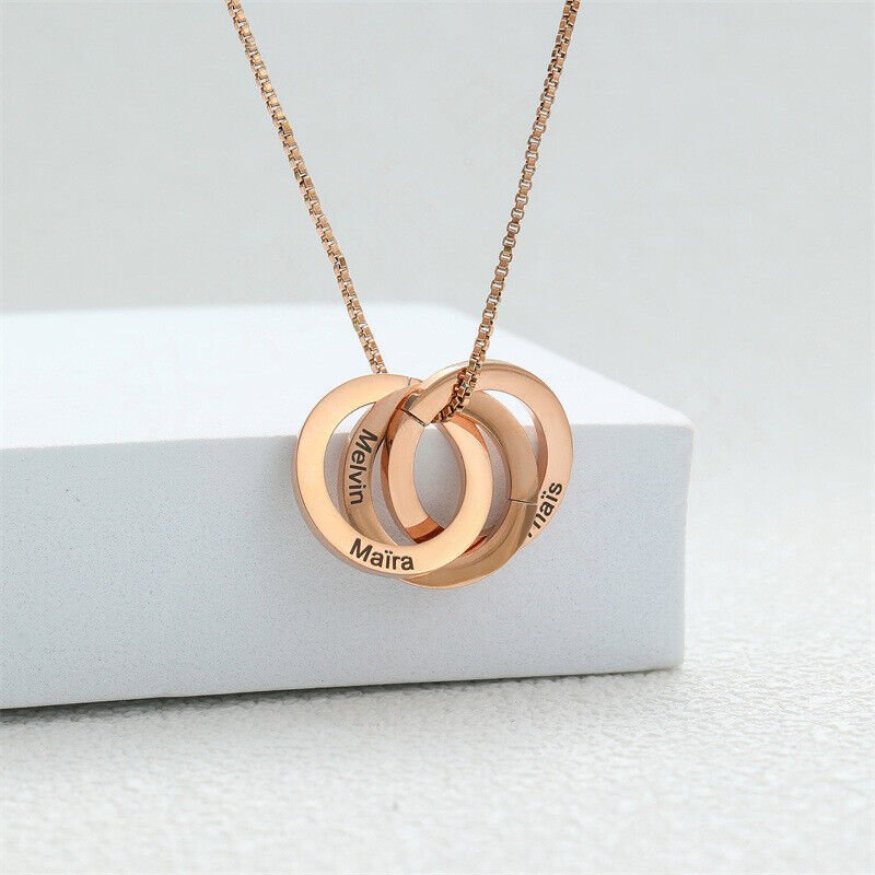 Personalized Family Necklace in Box Chain, Interlocking Circle Necklace with Kids' Names, Engraved Baby Name Necklace Gifts for Mom - Shapelys