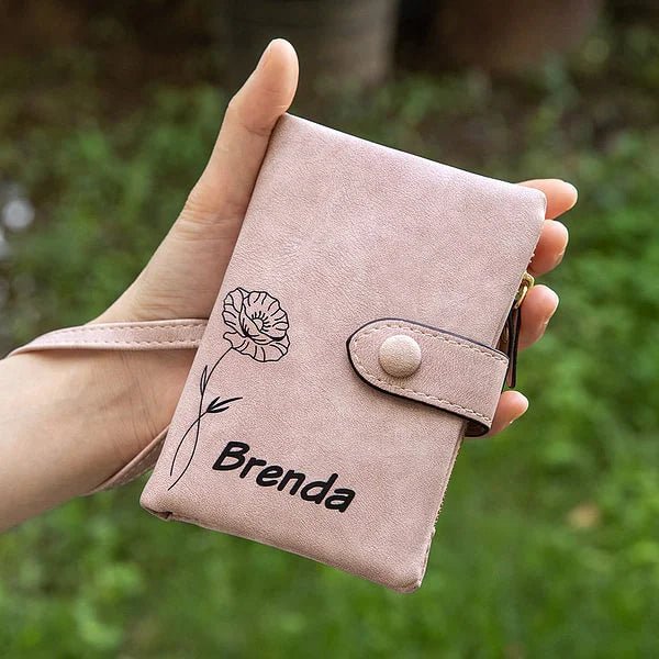 Personalized Tri-Fold Birth Flower Leather Wallet - Shapelys